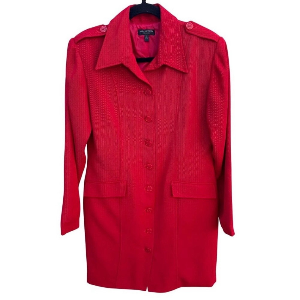 Halston Lifestyle Vintage 70s Red Shirt Dress Womens 12 Shoulder Epaulets Pockes